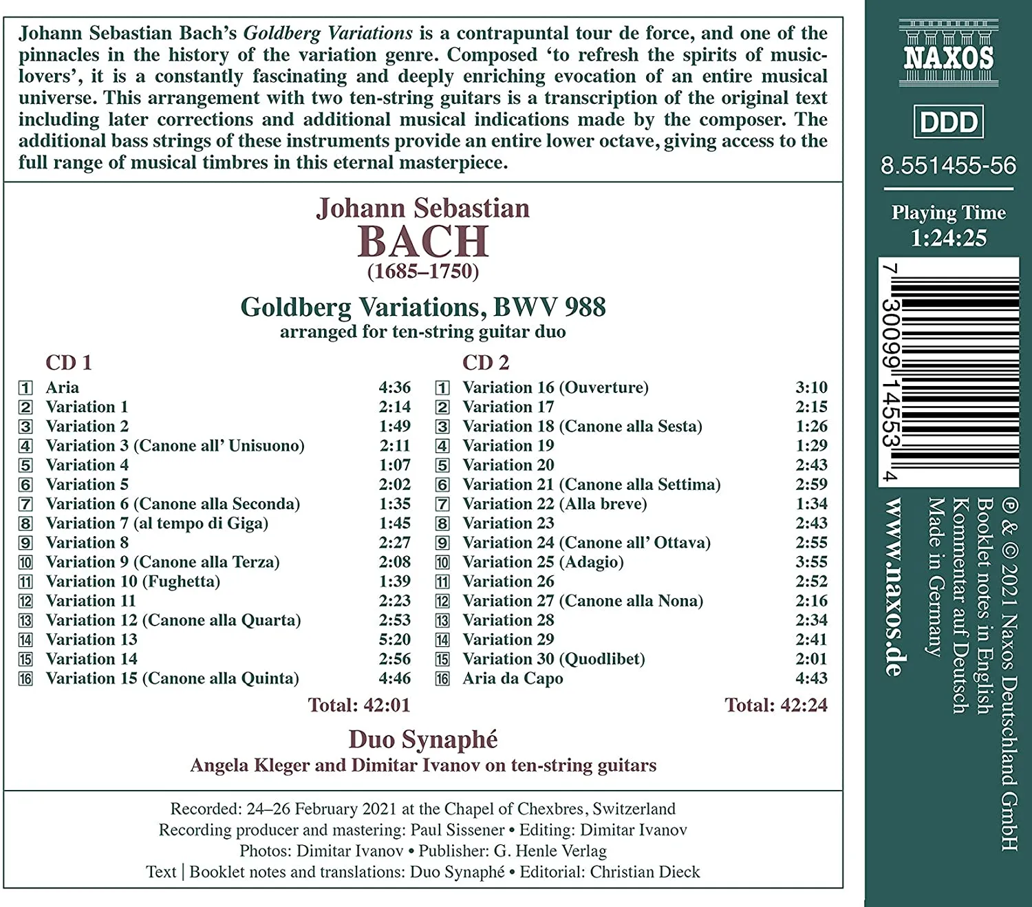 Bach: Goldberg Variations [Duo Synaphé: Dimitar Ivanov; Angela Kleger] [Naxos: 8551455-56] [Audio CD]