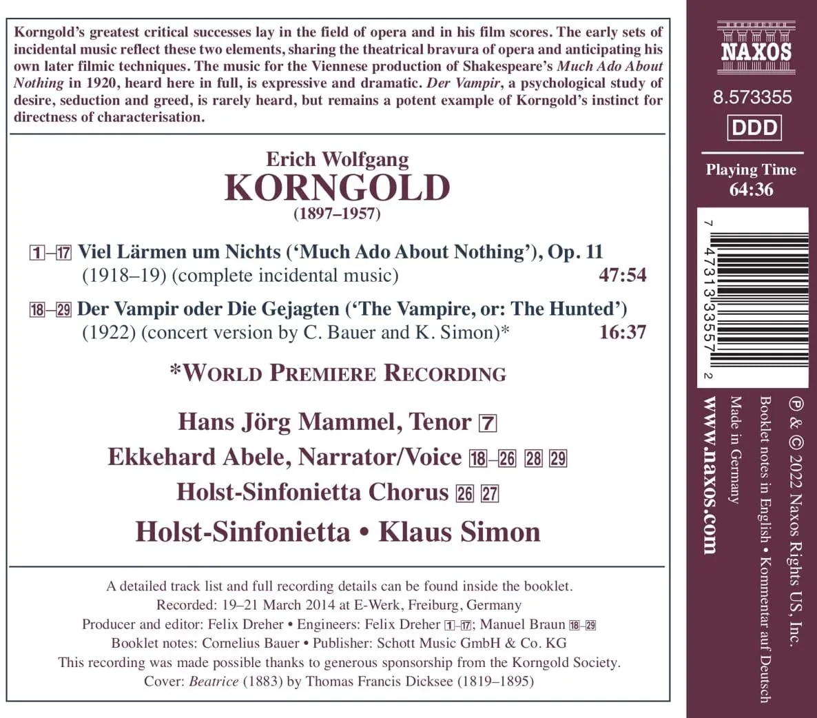 Korngold: Incidental Music [Hans Jörg Mammel; Ekkehard Abele; Holst-Sinfonietta; Klaus Simon] [Naxos: 8573355] [Audio CD]